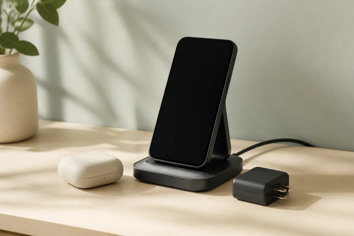 Original editorial illustration of a tidy desk with a generic charging stand, phone, and earbuds
